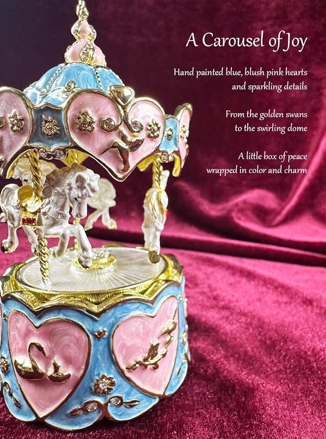 Carousel Music Box Figurine, Blue/Pink Enamel, Heart & Rose Golden Details, Ideal Home Decor & Gift Giving