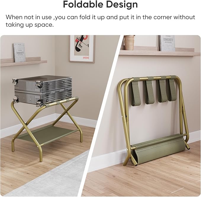 Smuxee Gold Luggage Rack Pack of 2, Foldable Suitcase Stand with Fabric Storage Shelf, Luggage Holder with 4 Nylon Straps for Hotel Guest Room Bedroom