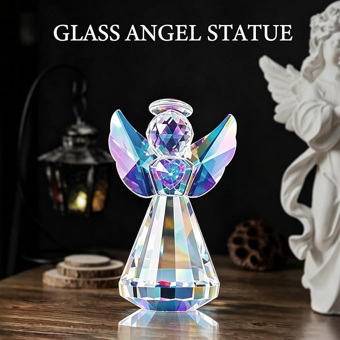 Crystal Guardian Angel Figurine Decoration, Glass Guardian Angel Statue Christmas Birthday Gifts for Women Girlfriend Daughter, Art Collectible Figurines Home Decor (Colorful)