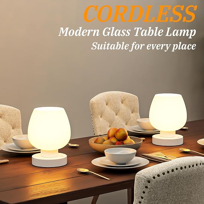 Seealle Cordless Touch Table Lamp for Nightstand - Small Bedside Lamp for Bedroom Night Stands, Desk Lamp with White Glass Shade for Small Spaces Living Room, Stepless Dimmable, LED Bulbs, Gifts