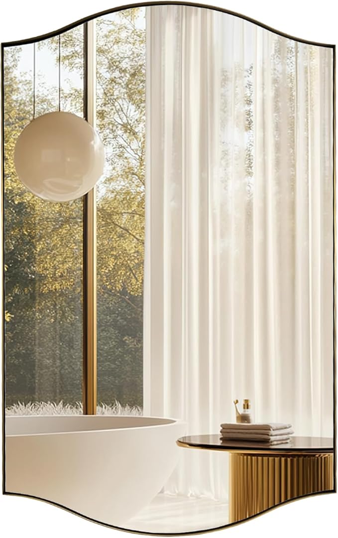 ANDY STAR 30"x48" Scalloped Mirror，Brushed Gold Rectangle Bathroom Mirror with Curved Edge Stainless Steel Metal Frame, Large Wall-Mounted Mirror for Bathroom, Entryway (Horizontal/Vertical)