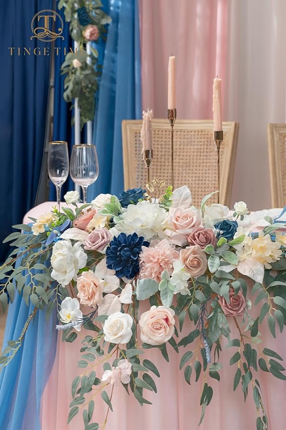 TINGE TIME Artificial Sweetheart Flower Swag with Tablecloth and Table Runner, Pack of 3 Floral Arrangement for Wedding Sweetheart Table Centerpiece Decoration (Dusty Rose & Navy Blue)