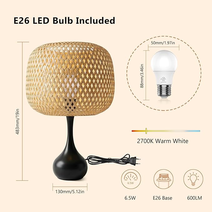 ONEWISH Touch Bedside Lamp for Bedroom, 3-Way Dimmable Table Lamps for Nightstand, Handwoven Bamboo Shade Desk Lamp for Living Room, Home Office