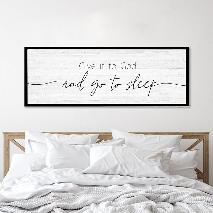 Give It to God and Go to Sleep Sign Framed Large 41''×15'' Above Bed Wall Decor for Bedroom Farmhouse Wall Decor Guest Room Decor Rustic Master Bedroom Wall Decoration Wood Wall Art (black frame)