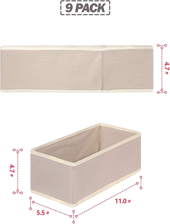 DIOMMELL 9 Pack Foldable Cloth Storage Box Closet Dresser Drawer Organizer Fabric Baskets Bins Containers Divider for Clothes Underwear Bras Socks Lingerie Clothing,Beige 090