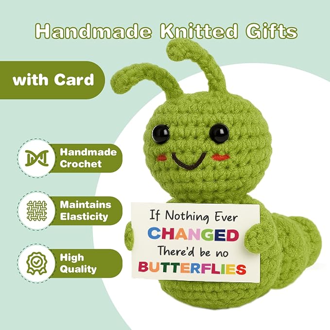 Positive Christmas Caterpillar Encouragement Gift – Mini Crochet with Change Quote Card – Small Handmade Comfort Gift for Best Friends Coworkers – Positive Inchworm Motivation Present