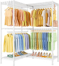 E15 Garment Rack L Shaped Clothes Rack for Corner，Freestanding Clothing Racks for Hanging Clothes，Heavy Duty Closet Organizer with 4 Hanging Rods & 8 S Hooks，43.4" W x 15.8" D x 78.4" H，White