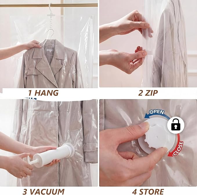 Novabright 6 Pack Hanging Vacuum Storage Bags for Clothes with Hand Pump, Space Compression, Clear Hanging Vacuum Seal Bags for Closet Organizer Jackets, 2 Long 2 Medium 2 Short