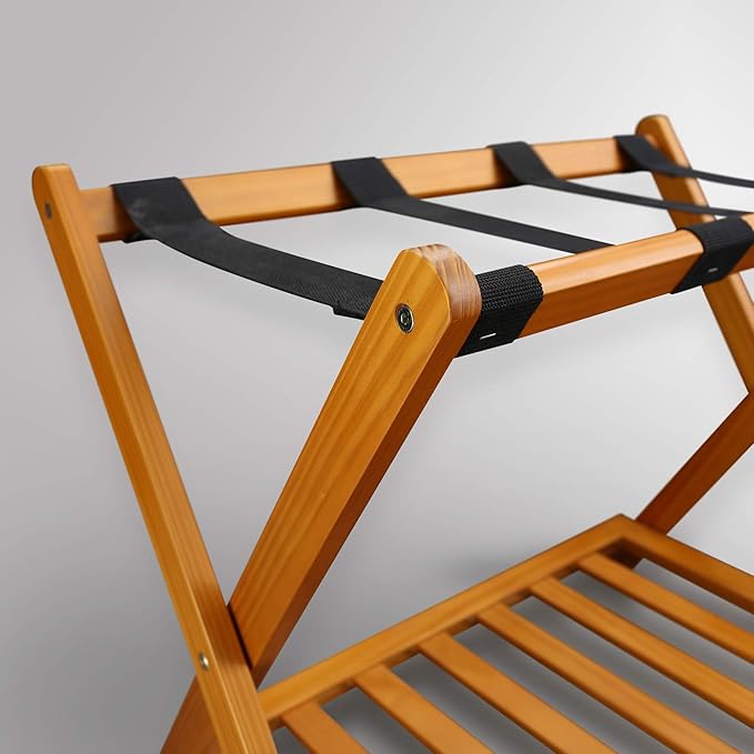 Casual Home Foldable Solid Wood Fully-Assembled Luggage Rack, 26.75"Wide with Shelf, Honey Oak