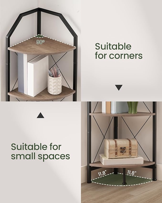 CHOEZON 5-Tier Corner Shelf, Industrial Corner Bookshelf, 59.4" Corner Storage Stand, Plant Stand Display Shelf, Corner Bookcase for Bedroom, Living Room, Home Office, Greige and Black TCJ10BG