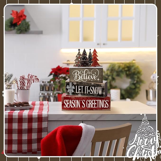 Moucuny 4 Pcs Christmas Table Decor Christmas Tree Centerpiece Rustic Decorative Tree Block Signs Gift Winter Tiered Tray Decor Farmhouse Winter Tabletop Decoration for Home Xmas Party Kitchen Shelf