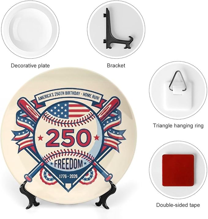 250th Anniversary Decorative Plates 8 Inch Baseball Theme Patriotic Decorations Commemorative Plates with Stand Independence Day 4th of July Semiquincentennial Decor