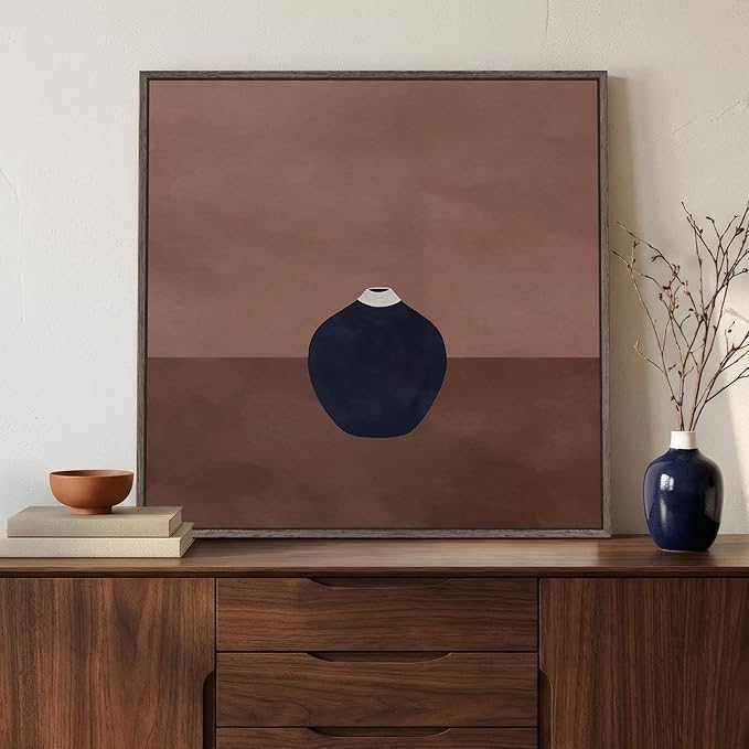 Framed Neutral Abstract Wall Art for Living Room, Mid Century Modern Black and Brown Still Life Canvas Artwork for Walls, Minimalist Pictures Wall Decor for Bedroom Hallway Home Office, 24x24 Inch