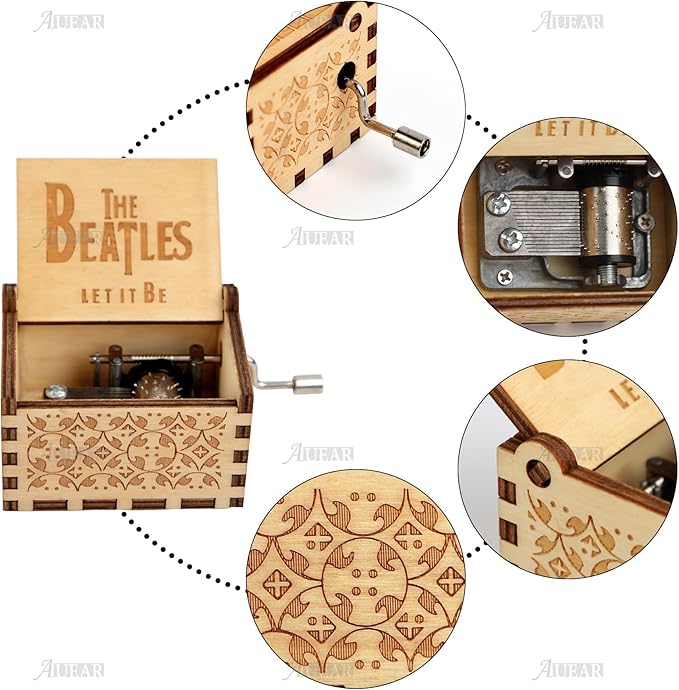 AUEAR, Let It Be Wooden Music Box Hand Crank Laser Engraved Vintage Musical Small Unique Gift for Birthday Wedding Christmas Valentines Day (Style E)