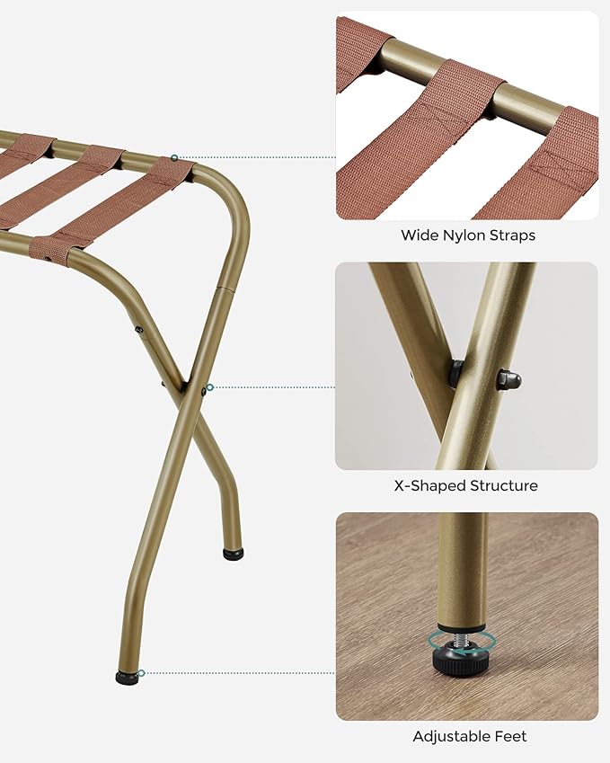 SONGMICS Luggage Rack, Pack of 2, Luggage Racks for Guest Room, Suitcase Stand, Steel Frame, Foldable, for Bedroom, Golden URLR064A02