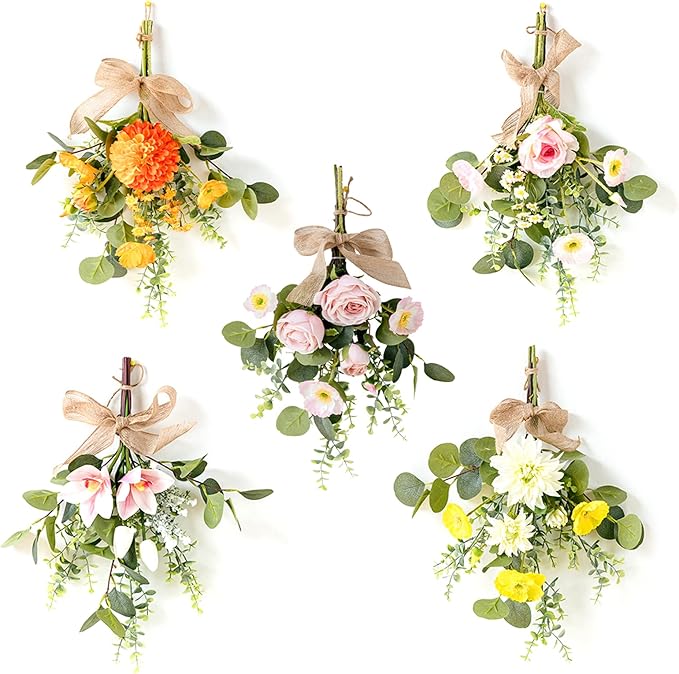 Artificial Teardrop Wreath, 17inch Decorative Swag with Flower and Eucalyptus Leaves, Hanging Simulation Flowers Bouquet, Spring Summer Wall Swag for Wedding Arch Wall Decor(#3)
