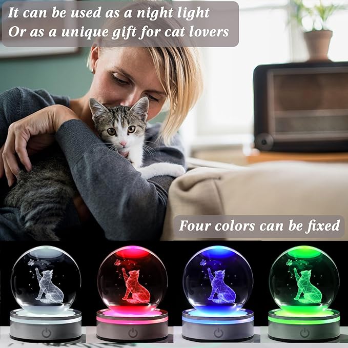 Movdyka Cat Lovers Gifts: 3D Crystal Ball Cat Figurines, Home Office Decor Night Light Snow Globes - 3.15"/8CM