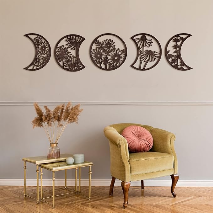 Jetec 5 Pcs Moon Phase Wall Art Decor Wall Pediments Hanging Wooden Phase Spiritual Bedroom Nordic Boho Lunar Aesthetic Art for Living Room Dorm Apartment Ornament(Brown)