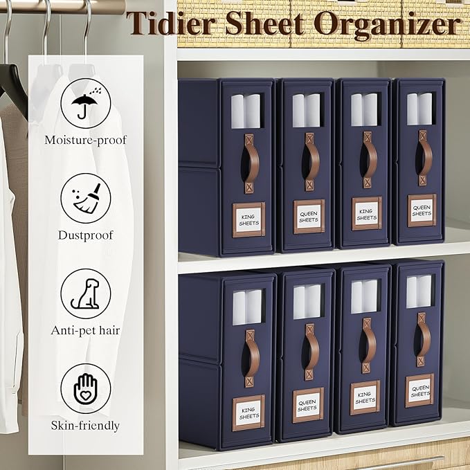 4 Pack Foldable Bed Sheets Set Organizers and Storage(King & Queen Size),Linen Fabric Closet Organizers with Window,Folding Bedding Storage Box for Bedsheets and Pillow Cube Organizer-Blue