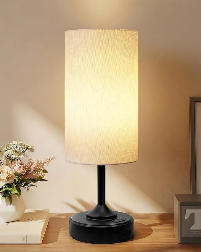 Battery Operated Lamp, Dimmable, Ambient Light, 2700K, Timer, Touch Control, Portable, LED, Wireless, Rechargeable, Cordless, Desk Lamp, Kitchen Lamp, Fabric Shade, for Bedroom, Living Room, Dorm