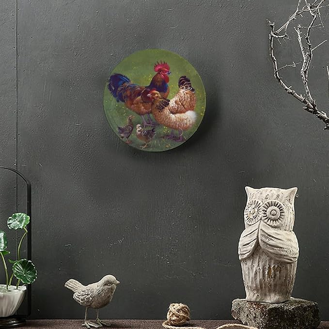 Rooster Decorative Plate Stand, 8 Inch, Rooster Chicks Hang Out on The Lawn Round Display Plate, Hanging Decorative Plate with Display Stand, for Wall Hanging Living Room Bathroom Decor Gift