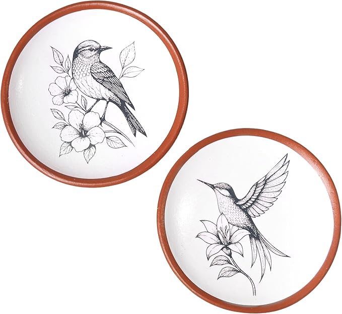 FINE LIVING 8 Inch Hummingbird Wall Art Terracotta Plates Set of 2, Decorative Plates for Hanging, Ceramic Clay Wall Decor for Boho Rustic Farmhouse Living Room, Kitchen & Bedroom