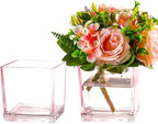 Square Pink Glass Vases Set of 2, 6" x 6" x 6" Square Vase for Centerpieces, Flower Vases for Centerpieces, Small Vase for Wedding, Party, Home Office Decoration