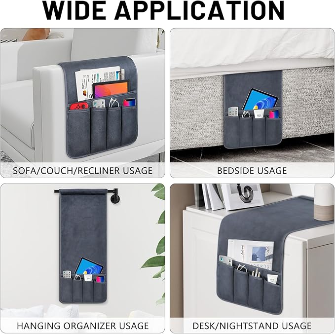 Couch Armrest Remote Control Holder, Polar Fleece Couch Caddy Gifts for Seniors, Non-slip Bed Caddy Tv Remote Holder with 5 Pockets for Key Glasses Phone Magazine Holders