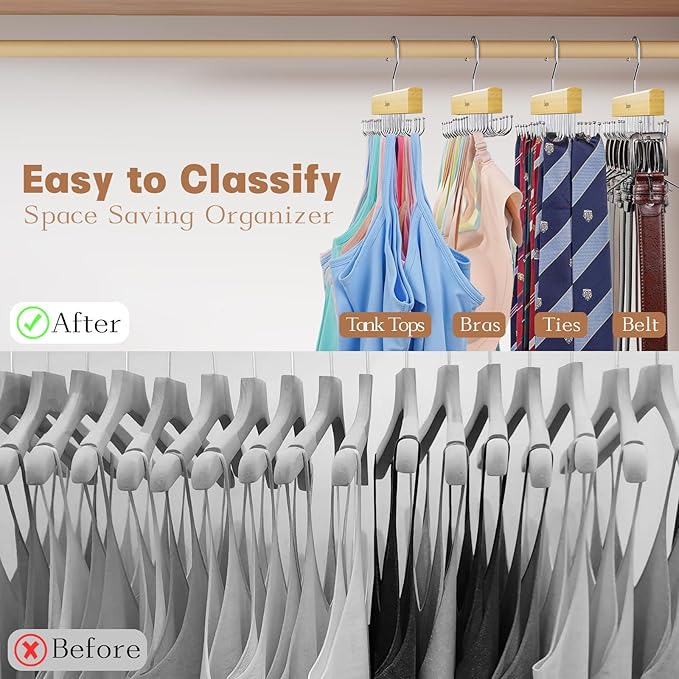 Belt & Bra Organizer for Closet - Tie Rack with 22 Rotatable Hooks, Stackable Space Saving Hanger for Women/Men, Tank Top Organizer - 2 Pcs