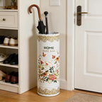 Vintage Metal Round Umbrella Holder Decorative Flower Design Umbrella Stands Entryway Organizer Bucket for Home/Office/Farmhouse - Holds Multiple Umbrellas, Walking Sticks & Canes Flower White