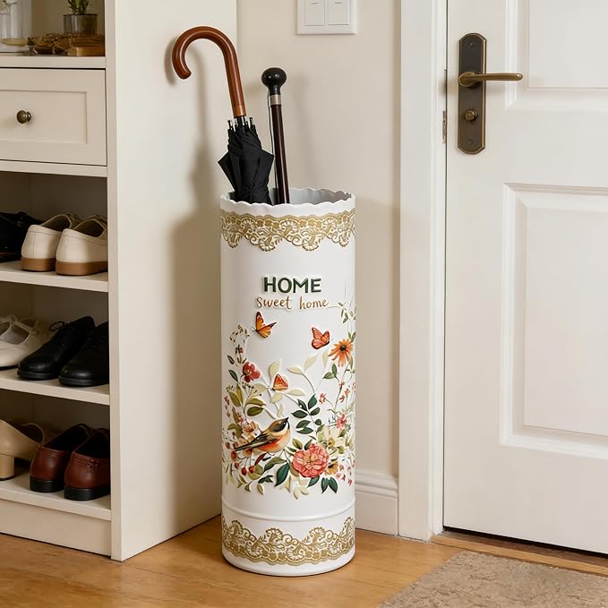 Vintage Metal Round Umbrella Holder Decorative Flower Design Umbrella Stands Entryway Organizer Bucket for Home/Office/Farmhouse - Holds Multiple Umbrellas, Walking Sticks & Canes Flower White