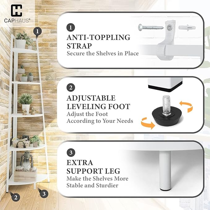 CAPHAUS Tall Corner Shelf Stand, 4-Tier Display Shelves, Ladder Corner Wood Storage Plant Bookshelf with Metal Frame, Versatile Shelving Unit Bookcase for Home Office Space, White