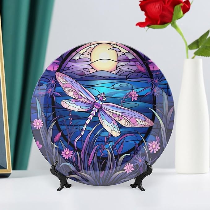 Bright Color Dragonfly Purple Stained Glass Print Decorative Plates Home Decor Ceramic Plates, Dinner Plates Display for Kitchen, Hallway Console Side Table, Presents for Dragonfly Lover, 10 Inch