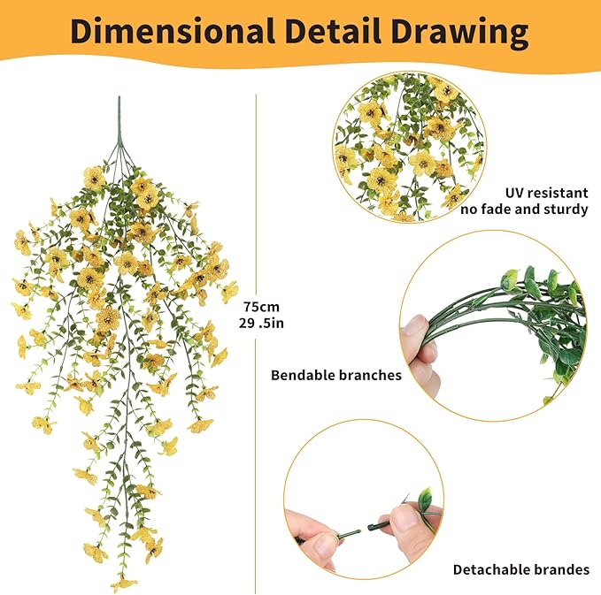 Artificial Hanging Flowers for Outdoors, 8 Pcs Fake Plant for Spring Summer Decoration, UV Resistant Realistic Silk Faux Flowers Outside Indoor Planter Porch Patio Balcony Yard Decor