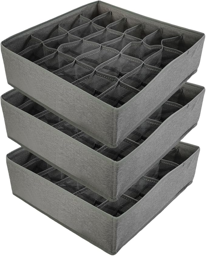 3 Pack Sock and Underwear Drawer Organizer 24 Cell Sock Holders For Closet Organization and Storage Dividers,Foldable(Grey)
