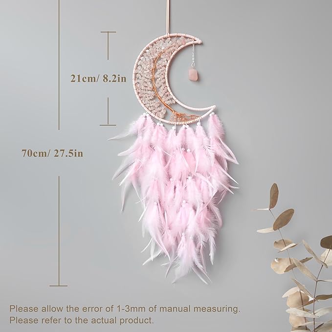 Moon Dream Catchers with Chakra Gemstone Agate Stone, Crystal Tree Life Dream Catchers Wall Hangings Room Decor (Pink)