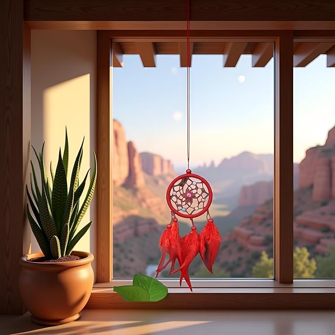 Red Small Dream Catcher with Feathers Wall Hanging Ornament Indian Style Decoration Wind Chimes for Car Home Wall Decor Home and Kitchen Home Decoration