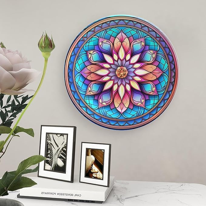 Decorative Plates for Wall Hanging, Morocco Floral Watercolor Stained Glass Print Ceramic Plate w/Display Stand, Home Decor for Kitchen Cabinets, Round Tray 8 Inch, Gift for Family Friends