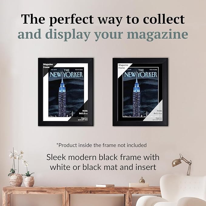 Creative Picture Frames 8 x 11.5 Magazine Frame with Full-Strength Glass, Holds Up To A 1/8" Thick Media with Installed Hangers for Easy Mounting, 11x14 Black Frame with White Mat