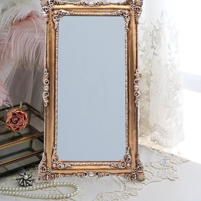 Vintage Mirror 8x14 Inch, Antique Ornate Decorative Mirror for Desk & Wall, Small Vanity Mirror for Makeup Wall Decor, Bronze