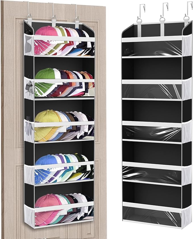 Over the Door Hat Organizer for Baseball Caps, Hold up to 60 Hats Rack Storage for Door/Closet/Wall, Clear Pockets Hanging Hat Holder for Baseball Caps with 10 Mesh Pockets, Black
