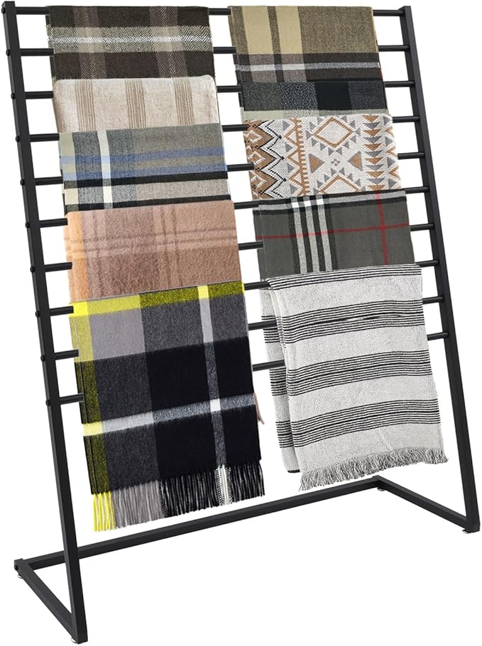 10 Tier Metal Scarf Organizer Holder, Freestanding Scarf Rack, Scarf Holder Organizer for Commercial Clothing Retail Store Towel Rack Ties Belt Pants Hanging (Black, 47.24 * 15.75 * 57.09in)