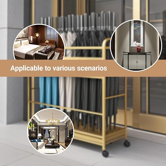 Metal Frame Commercial Umbrella Stand with Removable Drip Tray Large Capacity Heavy Duty Umbrella Holder with wheels for Entryway, Office(Gold,80 * 20 * 70CM/31.5 * 7.9 * 27.6IN)