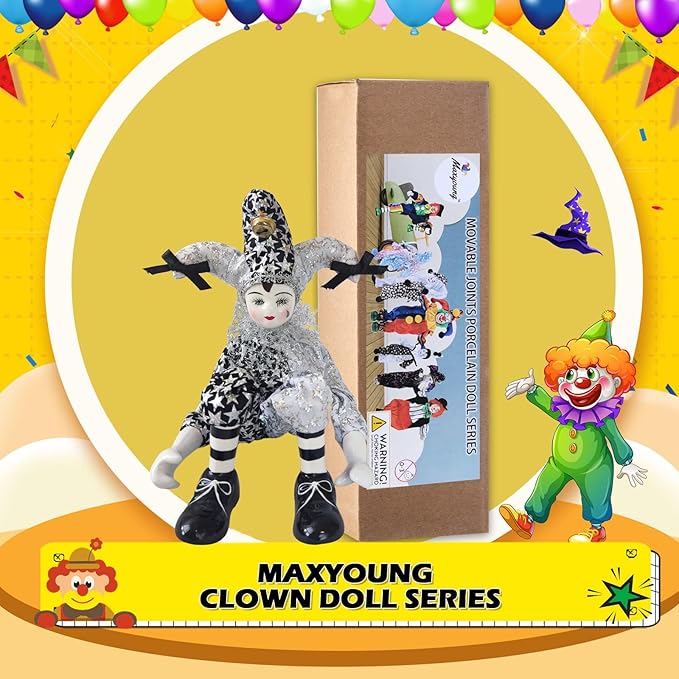 Maxyoung 14 Inch Porcelain Clown Doll Vintage Dolls Figurine, Collectible Figure, Hand Painted Toy, Christmas Halloween Birthday Gift, Twisted Body