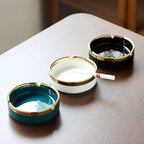 Saim Ceramic Cigar Ashtray for Men - Retro Round Desktop Ash Tray with Gold Edge, Anti-Slip Bottom, for Home Office Patio Outdoor Smoking - Green