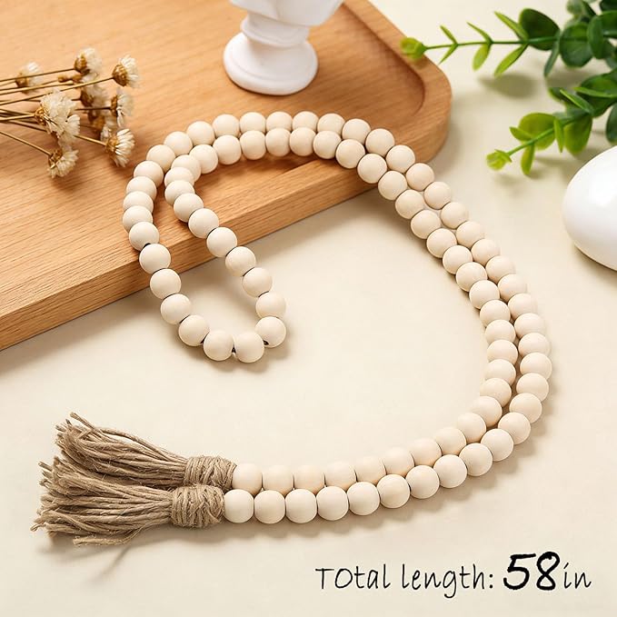 Farmhouse Decor, 59in Wooden Beads Garland with Tassels, Rustic Farmhouse Prayer Boho Beads for Coffee Table Wall Country Decor