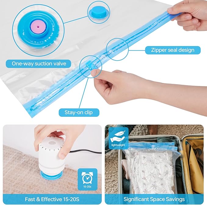 AKLL7S Vacuum Storage Bags with Electric Pump, 12 Pack Space Saver Bags(3 Jumbo/3 Large/3 Medium/3 Small) Vacuum Seal Bags for Clothing, Comforters, Blankets, Travel(Hand Pump Included)