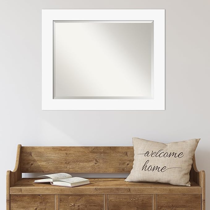 Amanti Art White Wall Mirror 27x33 Basic White Rectangle Bathroom Mirror for Wall Decor Living Room, Large Casual Wood Frame, Hangs Horizonally and Vertically, Bathroom Decor, Beveled Edge