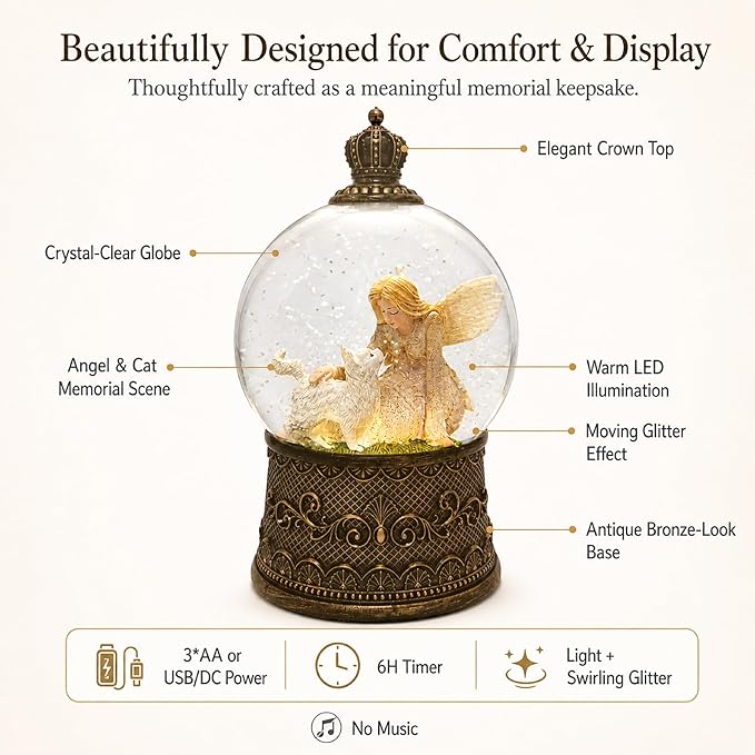 Cat Memorial Gifts for Loss of Cat Sympathy Gift, Snow Globe with Auto Swirling Glitter & 6H Timer, Battery or USB Powered, Cat Remembrance Gifts for Home Decor