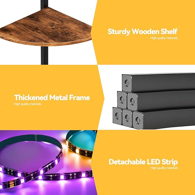 Furnulem 5 Tier Corner Shelf with LED Light, 67.2” Tall Standing Shelf for Wall Corner, Narrow Bookshelf Ladder Shelf for Bedroom, Living Room, Plant, Wood Storage Rack, Metal Frame (Rustic Brown)